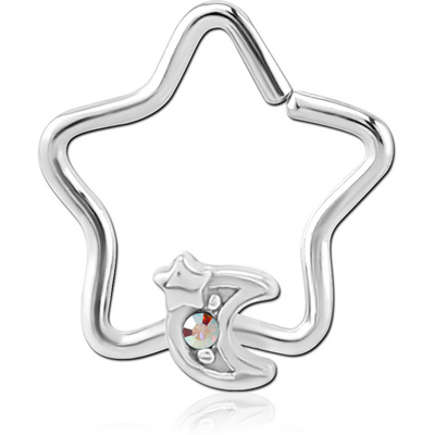 SURGICAL STEEL JEWELLED OPEN STAR SEAMLESS RING - CRESCENT AND STAR