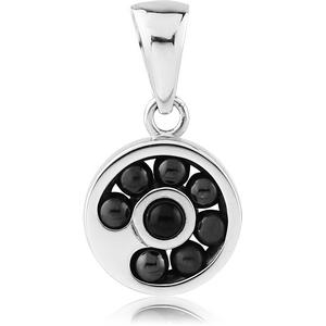 SURGICAL STEEL JEWELLED PENDANT WITH ONYX - ROUND WITH MOVIGN BALLS