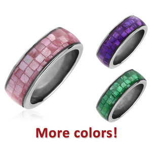 SURGICAL STEEL SYNTHETIC MOTHER OF PEARL MOSAIC 6MM FLAT BAND RING