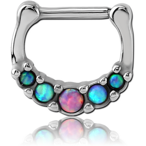 SURGICAL STEEL ROUND PRONG SET SYNTHETIC OPAL HINGED SEPTUM