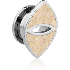 STAINLESS STEEL SYNTHETIC MOTHER OF PEARL MOSAIC DOUBLE FLARED TUNNEL WITH SURGICAL STEEL TOP - EYE