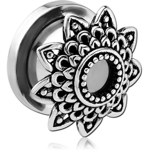 STAINLESS STEEL THREADED TUNNEL WITH RHODIUM PLATED BRASS TOP - FLOWER FILIGREE