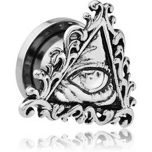 STAINLESS STEEL THREADED TUNNEL WITH SURGICAL STEEL TOP - EYE OF PROVIDENCE FILIGREE