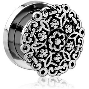 STAINLESS STEEL THREADED TUNNEL WITH RHODIUM PLATED BRASS TOP - FLOWER FILIGREE