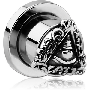 STAINLESS STEEL THREADED TUNNEL WITH RHODIUM PLATED BRASS TOP - EYE OF PROVIDENCE FILIGREE