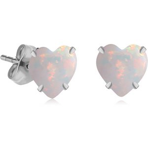 SURGICAL STEEL HEART SYNTHETIC OPAL PRONG SET JEWELLED EAR STUDS PAIR