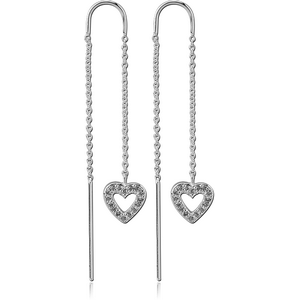 STERLING SILVER 925 CHAIN JEWELLED EARRINGS PAIR - HEART