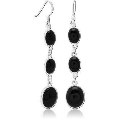 STERLING SILVER 925 EARRINGS PAIR ONYX - THREE CIRCLES