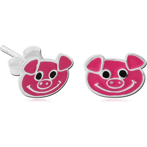 STERLING SILVER 925 EAR STUDS PAIR WITH ENAMEL - PIG