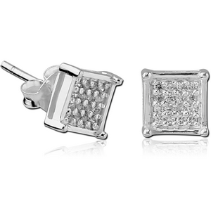 STERLING SILVER 925 JEWELLED EAR STUDS PAIR - 3D SQUARE