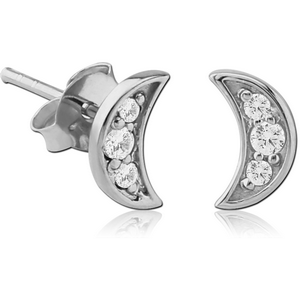 STERLING SILVER 925 JEWELLED EAR STUDS PAIR - CRESCENT