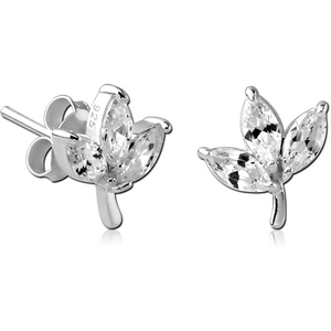 STERLING SILVER 925 JEWELLED EAR STUDS PAIR - LEAF