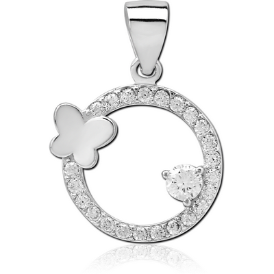 STERLING SILVER 925 JEWELLED PENDANT - CIRCLE WITH BUTERFLY