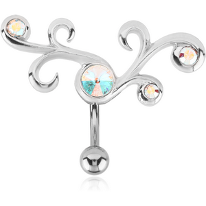 RHODIUM PLATED SWAROVSKI CRYSTAL JEWELLED FASHION NAVEL BANANA WITH TITANIUM PIN AND BALL