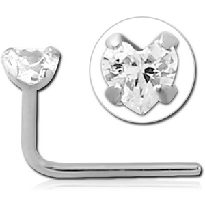 14K WHITE GOLD 90 DEGREE PRONG SET CZ HEART NOSE STUD