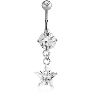 18K WHITE GOLD STAR CZ DANGLE NAVEL BANANA WITH JEWELLED TOP BALL