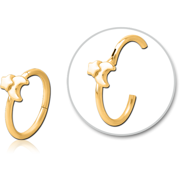 STERILE GOLD PVD COATED SURGICAL STEEL HINGED SEPTUM RING - CRESCENT AND STAR