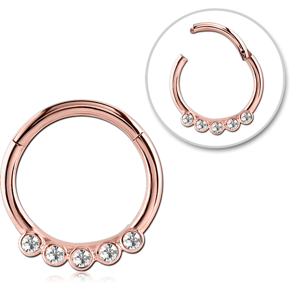 STERILE ROSE GOLD PVD COATED SURGICAL STEEL ROUND JEWELLED HINGED SEGMENT RING