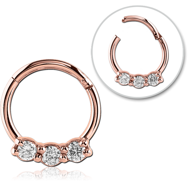 STERILE ROSE GOLD PVD COATED SURGICAL STEEL ROUND JEWELLED HINGED SEGMENT RING