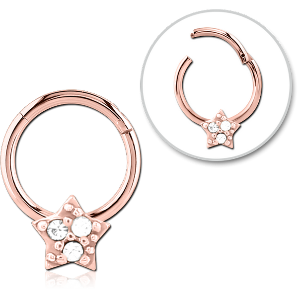 STERILE ROSE GOLD PVD COATED SURGICAL STEEL JEWELLED HINGED SEGMENT RING - STAR PRONGS