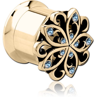 ZIRCON GOLD PVD COATED STAINLESS STEEL DOUBLE FLARED INTERNALLY THREADED JEWELLED TUNNEL