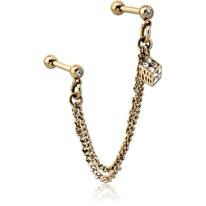 ZIRCON GOLD PVD COATED SURGICAL STEEL JEWELLED TRAGUS MICRO BARBELLS CHAIN LINKED - RUBIK