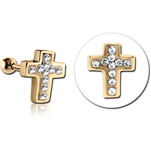 ZIRCON GOLD PVD COATED SURGICAL STEEL JEWELLED TRAGUS MICRO BARBELL - CROSS