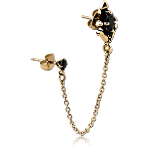 ZIRCON GOLD PVD COATED SURGICAL STEEL JEWELLED EAR STUDS WITH CONNECTING CHAIN - ANCHOR CROSS