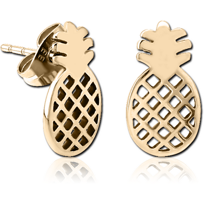 ZIRCON GOLD PVD COATED SURGICAL STEEL EAR STUDS PAIR - PINEAPPLE