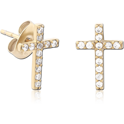 ZIRCON GOLD PVD COATED SURGICAL STEEL JEWELLED EAR STUDS PAIR - CROSS