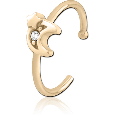 ZIRCON GOLD PVD COATED SURGICAL STEEL JEWELLED OPEN NOSE RING - CRESCENT AND STAR