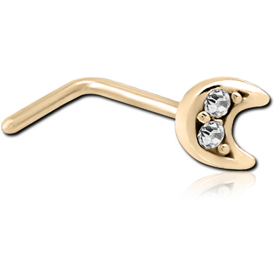 ZIRCON GOLD PVD COATED SURGICAL STEEL 90 DEGREE JEWELLED NOSE STUD - CRESCENT