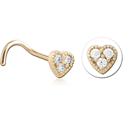 ZIRCON GOLD PVD COATED SURGICAL STEEL CURVED JEWELLED NOSE STUD - HEART