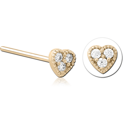 ZIRCON GOLD PVD COATED SURGICAL STEEL STRAIGHT JEWELLED NOSE STUD - HEART