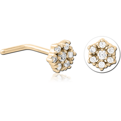 ZIRCON GOLD PVD COATED SURGICAL STEEL 90 DEGREE JEWELLED NOSE STUD - FLOWER