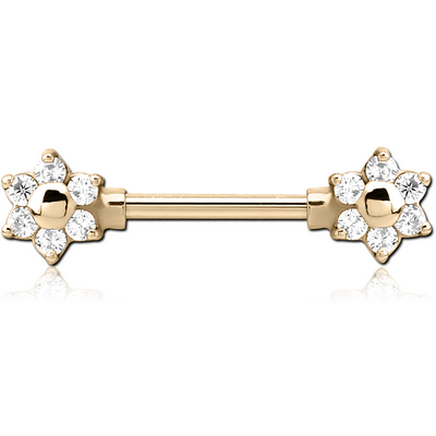 ZIRCON GOLD PVD COATED SURGICAL STEEL JEWELLED NIPPLE BAR - FLOWER