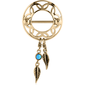 ZIRCON GOLD PVD COATED SURGICAL STEEL TURQUOISE DREAMCATCHER WITH FEATHERS NIPPLE SHIELD