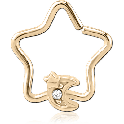 ZIRCON GOLD PVD COATED SURGICAL STEEL JEWELLED OPEN STAR SEAMLESS RING - CRESCENT AND STAR